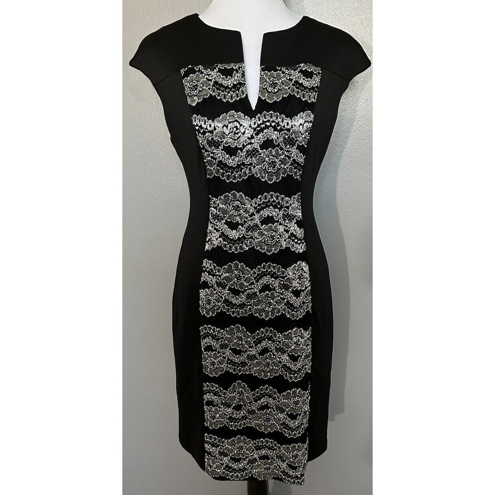 Dress Barn Womens Sz 6 Black Sleeveless Pencil Dress Silver Lace Front NWT